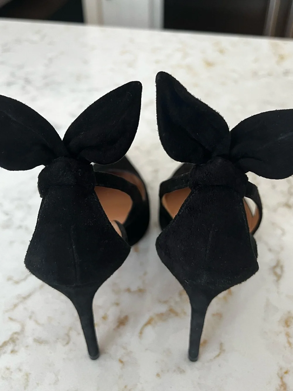 Aquazzura Firenze Black Suede Pointed Bow-Back Stiletto Pumps